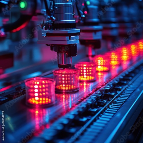 Close-up view of an automated robotic assembly line in a factory, featuring bright red lights and precision machinery.