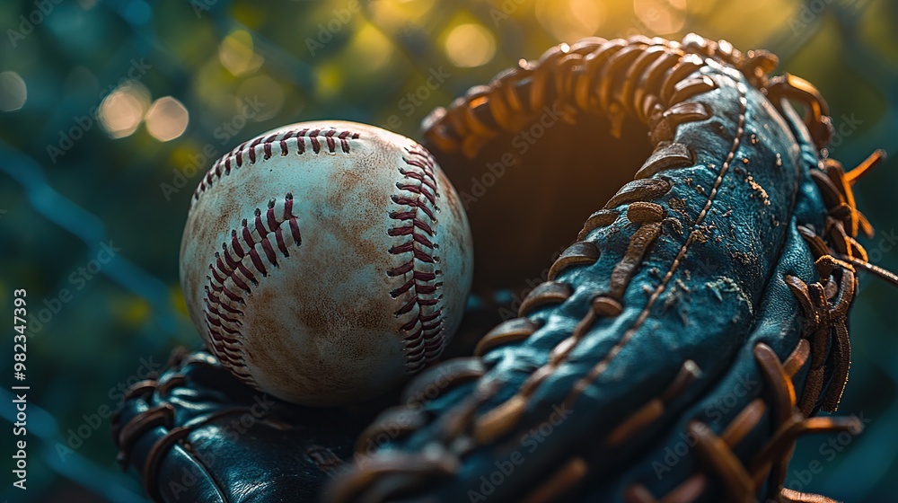 Naklejka premium A close-up of a baseball resting in a glove, highlighting the sport's equipment.