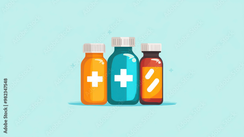 Colorful illustration of medical bottles featuring a prominent plus sign, perfect for healthcare themes. Colorful illustration of medical bottles featuring a prominent plus sign, perfect for healthcare themes.