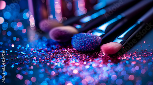 Makeup brushes with blue and pink glitter in vibrant bokeh lighting