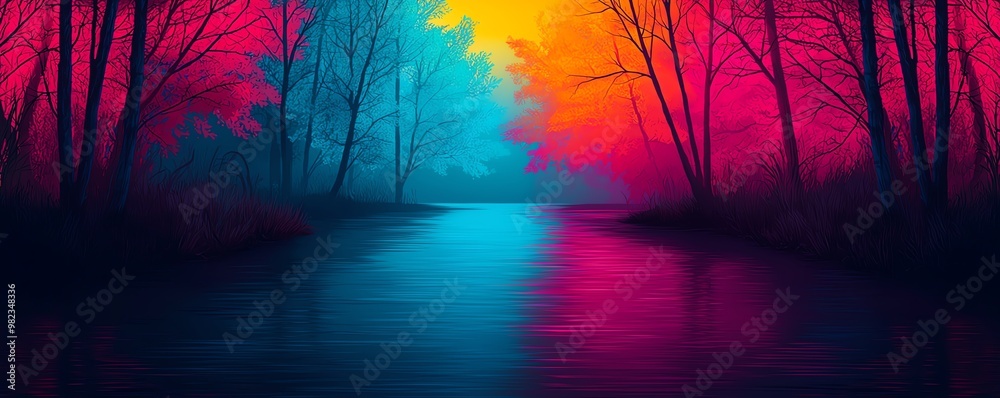 Obraz premium A vibrant landscape showcasing a serene river surrounded by colorful trees under a striking, vivid sunset.