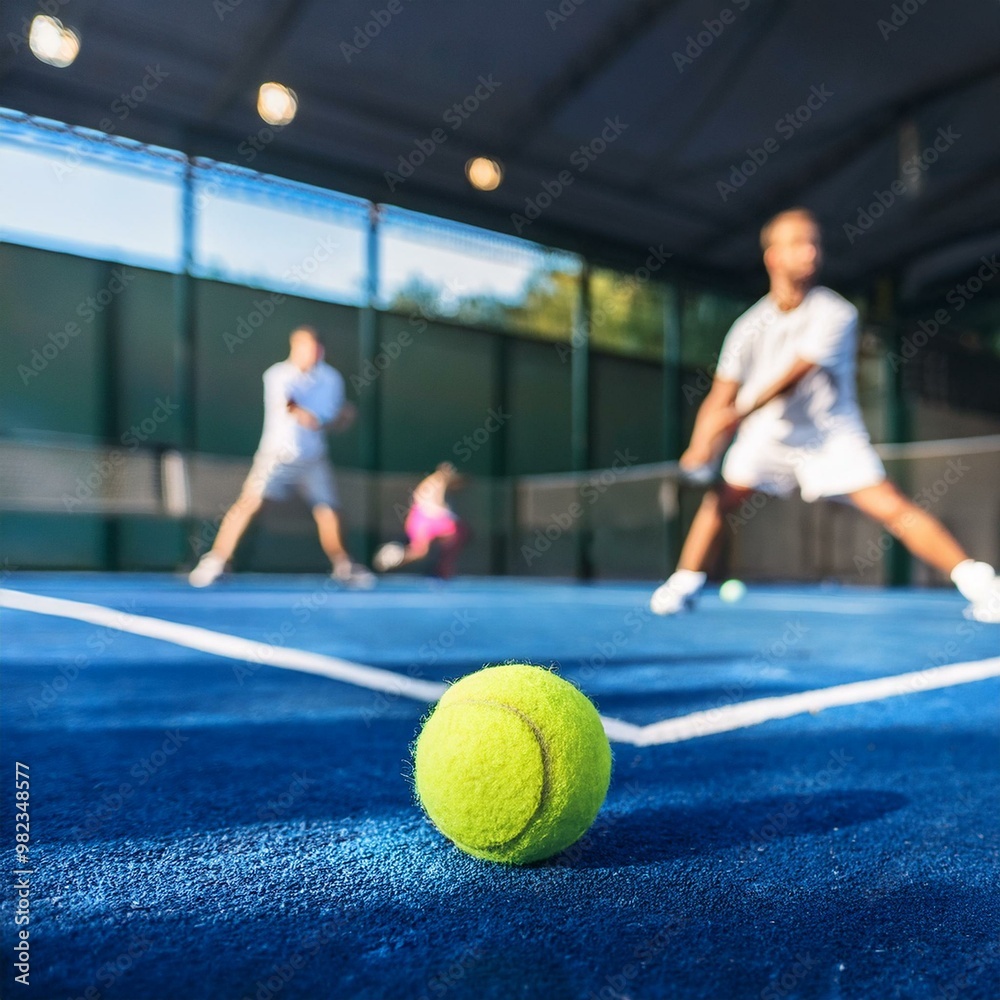 Obraz premium Single padel ball bouncing on the court surface with a blurred background of players