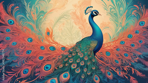 A vibrant illustration of a peacock, symbolizing grace and beauty, with intricate feather patterns, leaving open space for advertising text