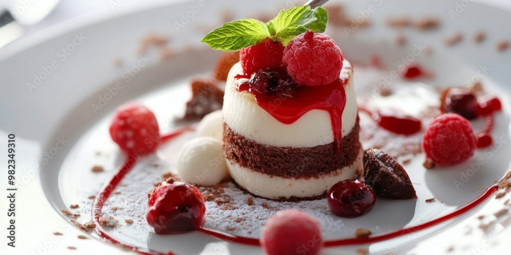 A delicious dessert featuring layers of creamy mousse topped with fresh raspberries. The plate includes vibrant raspberry sauce and decorative elements. Perfect for food photography. AI A delicious dessert featuring layers of creamy mousse topped with fresh raspberries. The plate includes vibrant raspberry sauce and decorative elements. Perfect for food photography. AI
