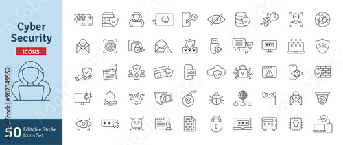 Cyber Security Line Editable Stroke Icons Set. Technology, Phishing, Hacking, Cyber Crime, Security, Mobile Privacy, Bank Locker, Trojan, Device Protection, Privacy Vector Illustration.