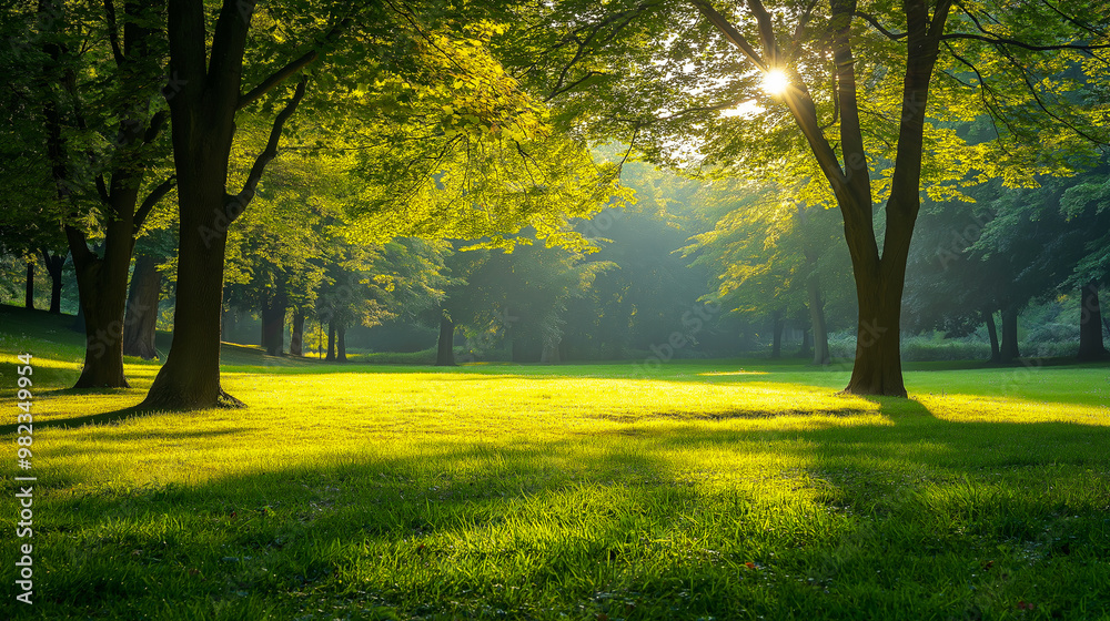 Sunlight streaming through trees onto a green meadow in a peaceful forest park Sunlight streaming through trees onto a green meadow in a peaceful forest park