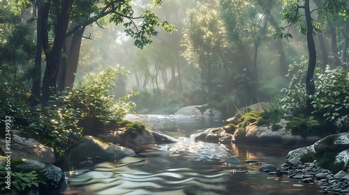 Gorgeous stream in a remote jungle with swift moving water and boulders photo