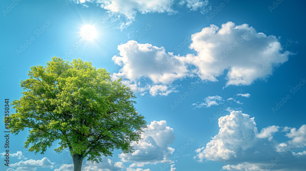 Obraz premium Bright sunny day with a lone tree under a blue sky and fluffy clouds