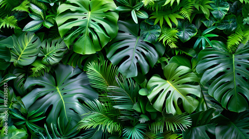 Lush green tropical leaves with detailed texture, close-up shot of fresh greenery in nature, perfect for natural designs, eco-friendly concepts, and tropical environment backgrounds