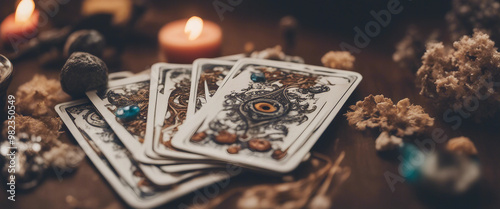 Tarot cards on the table with crystals dry flowers and smoke Blurred background with copy space occu photo