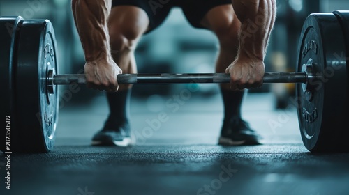 A dynamic close-up shot of a person firmly gripping a barbell during a weightlifting session in the gym, capturing the essence of strength, determination, and fitness. photo