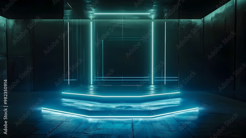 Glowing Transparent Podium in Futuristic Dark Room for Product Display Concept