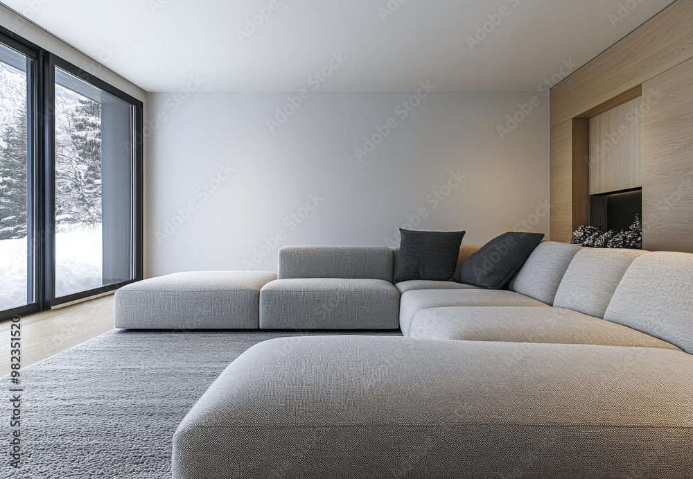 Modern living room with a spacious gray sectional sofa and large windows overlooking a snowy landscape in winter Modern living room with a spacious gray sectional sofa and large windows overlooking a snowy landscape in winter