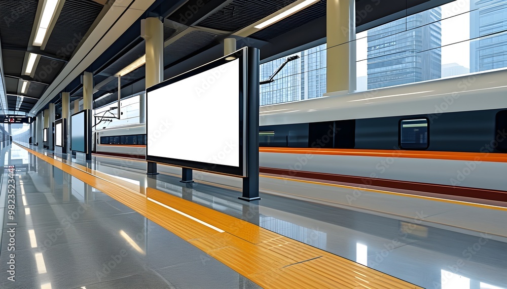 Dynamic urban transit scene with a modern train station, a speeding ...