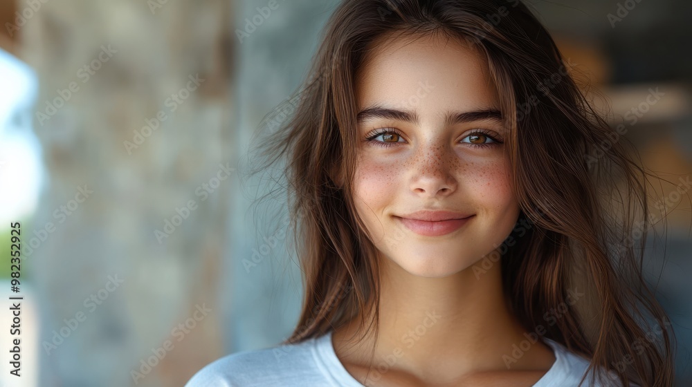 Close-up portrait of a young girl with freckles, smiling gently, standing outdoors, capturing natural beauty and innocence in a serene moment.