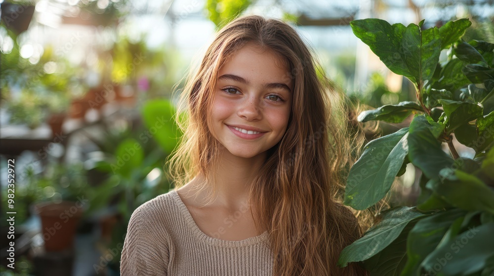 Young girl smiling in a greenhouse surrounded by lush green plants, enjoying the natural sunlight, peaceful environment, beauty in nature, connection with greenery Young girl smiling in a greenhouse surrounded by lush green plants, enjoying the natural sunlight, peaceful environment, beauty in nature, connection with greenery
