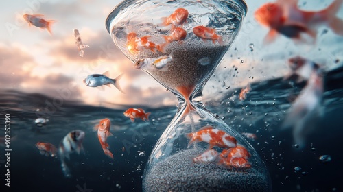 A surreal artwork showing a school of goldfish trapped within a dual-chambered hourglass, symbolizing the constraints of time and the enchanting moments in life. photo