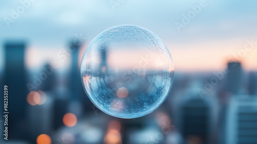 A beautiful image capturing a single bubble floating in the air above a city skyline at sunset, evoking feelings of wonder and the ephemeral nature of life. photo