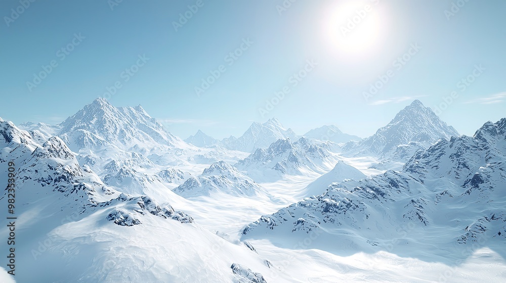 A panoramic view of snow-capped mountain peaks reaching towards a clear blue sky. The image captures the beauty and serenity of a winter wonderland A panoramic view of snow-capped mountain peaks reaching towards a clear blue sky. The image captures the beauty and serenity of a winter wonderland
