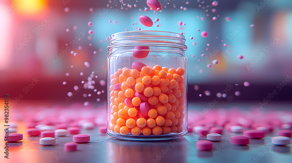 Pills in a jar with a pink floating ball Pills in a jar with a pink floating ball