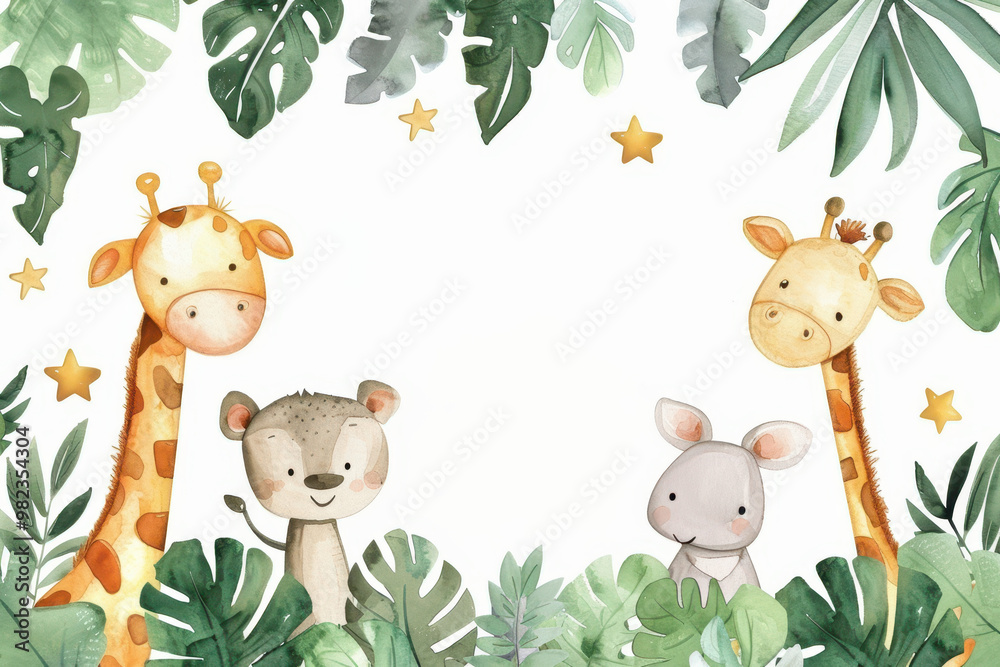 Obraz premium Watercolor cute baby forest animals with space for text, white background, clip art style, white empty space inside frame.