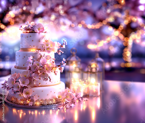 wedding cake decorated with flowers and icing; copy space photo