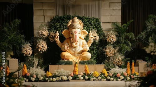 Vibrant Ganesh Idol Surrounded by Floral Decor photo