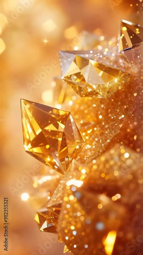 Emeralds suspended mid-air, refracting neon green and gold light, creating a dynamic visual of floating gemstones with shimmering, prismatic reflections in a futuristic atmosphere.
