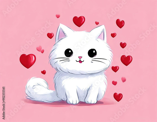 white fluffy cute cat with red hearts on pink background. postcard, sticker, poster for Valentine Day.