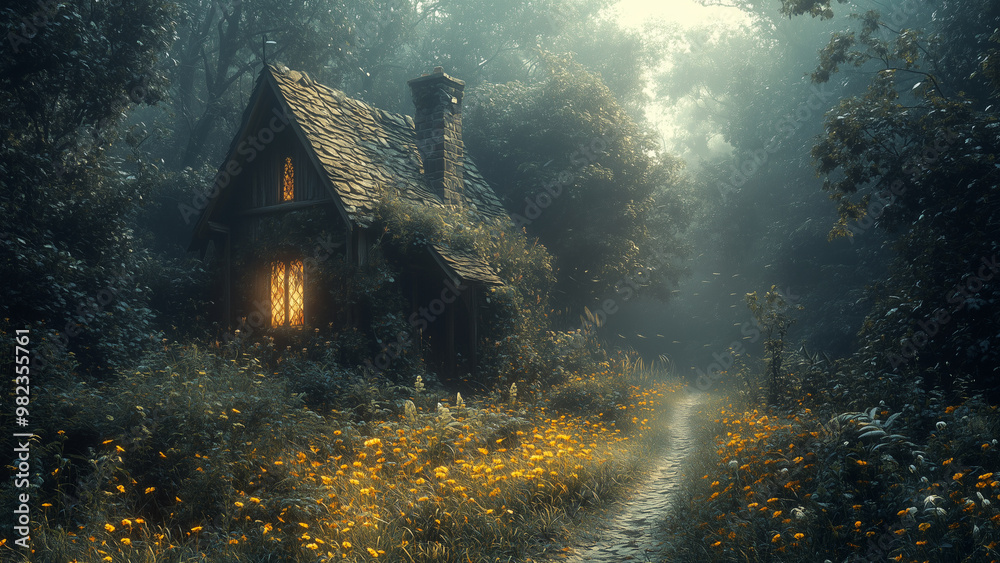 Fototapeta premium A cottage hidden amid wildflowers in a dense forest