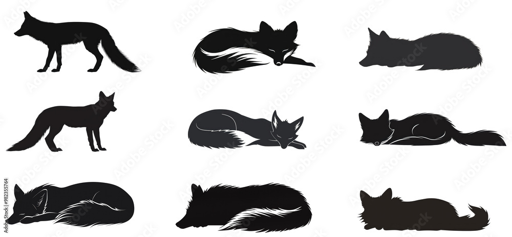 Naklejka premium A series of black and white foxes in various positions, including sleeping