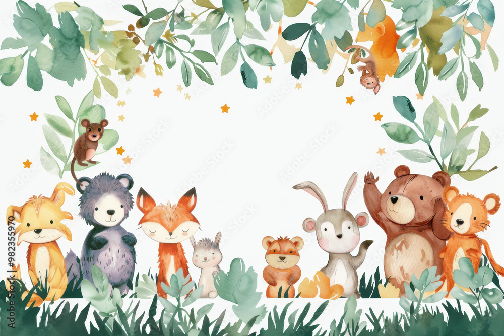 © Neon_Drop - Watercolor cute baby forest animals vector background with white space for text, frame design, leaves and stars. © Neon_Drop - Watercolor cute baby forest animals vector background with white space for text, frame design, leaves and stars.