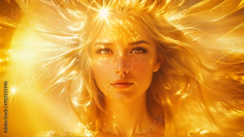 radiant woman with golden, glowing eyes stands enveloped in sunlight, her flowing hair merging with bright, fiery hues that exude warmth and energy.