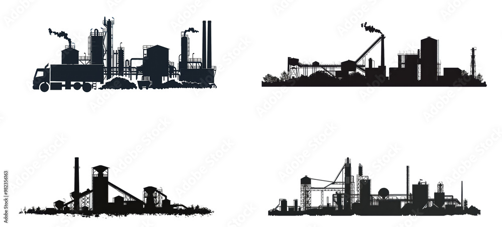 Obraz premium A collection of industrial silhouettes, including a train, a factory