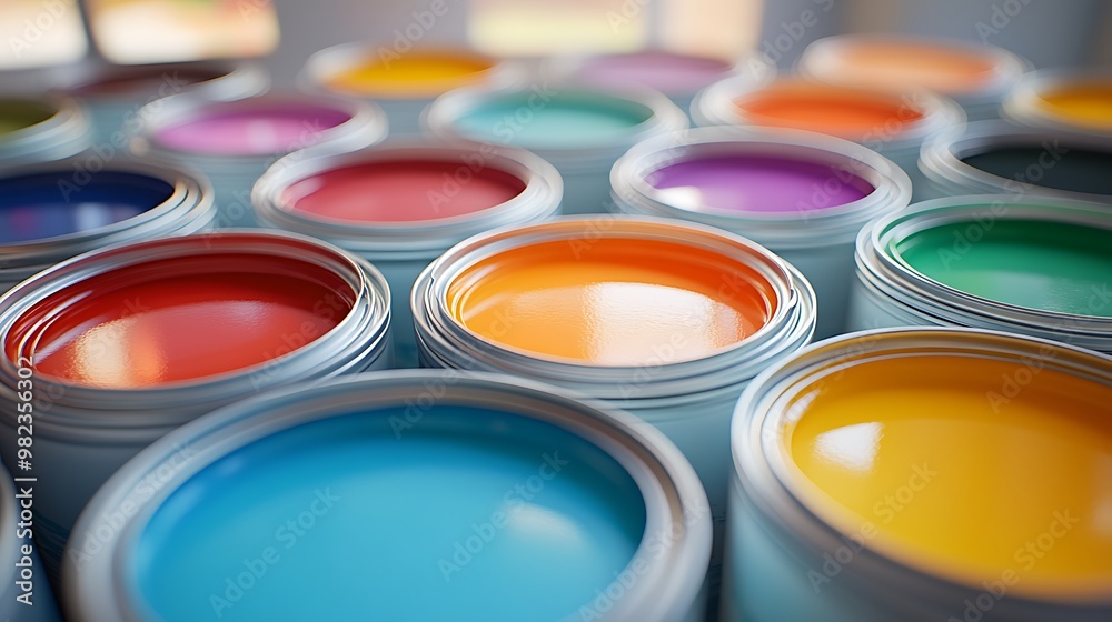 Colorful paint cans in a row. Colorful paint cans in a row.