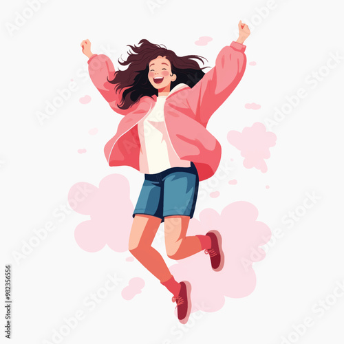 Joyful woman jumping happily