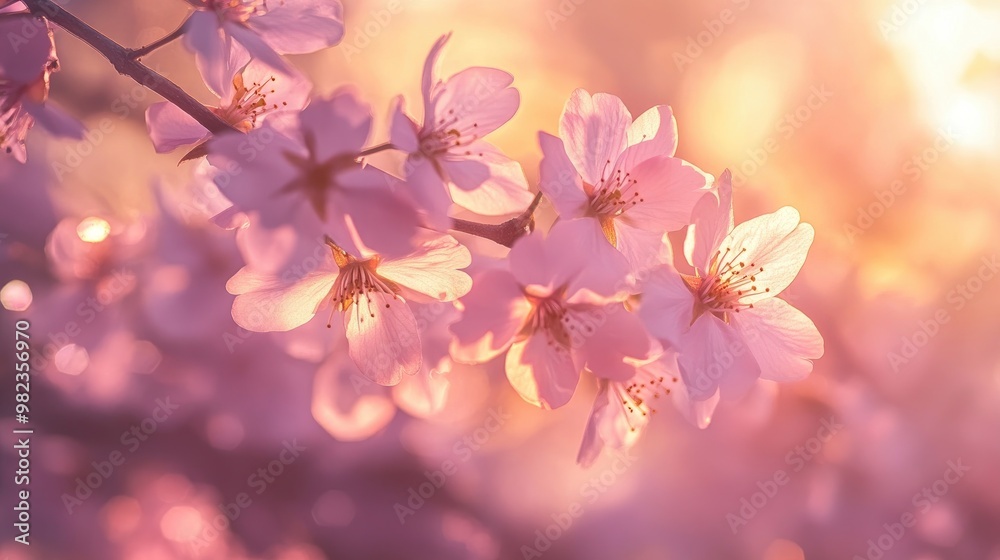 A close-up of cherry blossom branches, with soft pink petals illuminated by the golden glow of morning sunlight