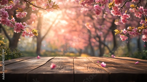 Fototapeta Naklejka Na Ścianę i Meble -  A wooden table surrounded by blossoming cherry trees, with soft sunlight filtering through the petals