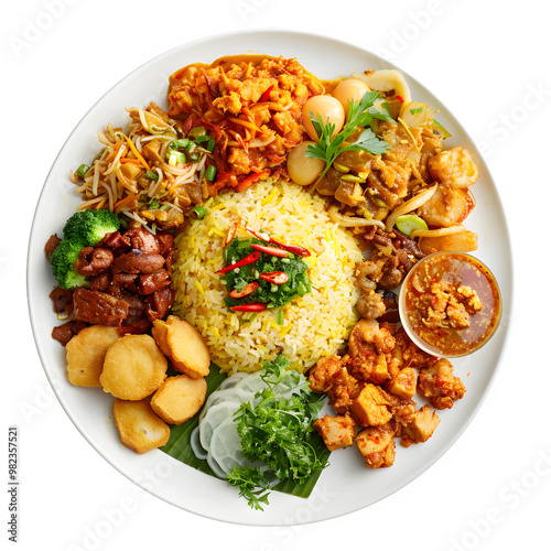 Lively and bright malaysian nasi lemak dish with rice, chicken, tofu, veggies, and eggs, all artfully presented on a clean white plate