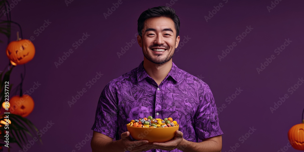 Happy Asian man holding a candy bowl at a Halloween party
Happy Asian man holding a candy bowl at a Halloween party