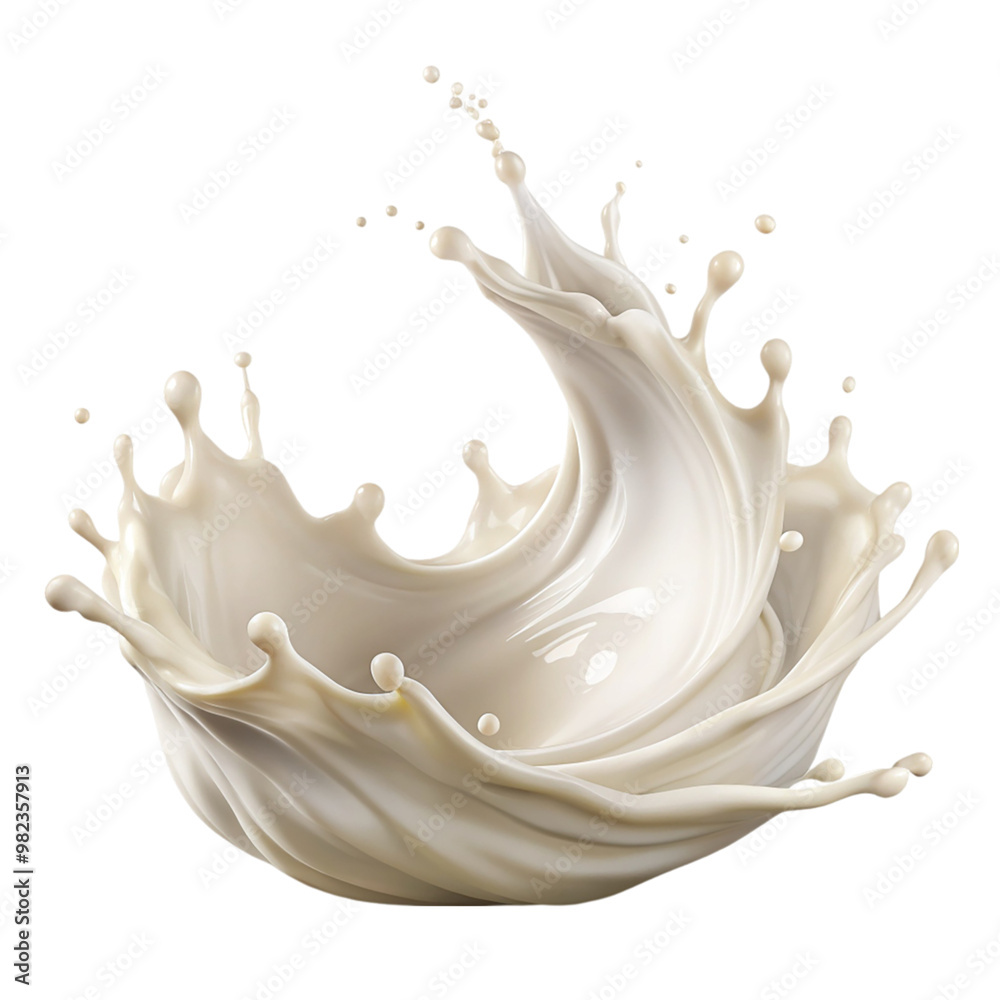 White milk or cream wave splash with splatters isolated on transparent background.