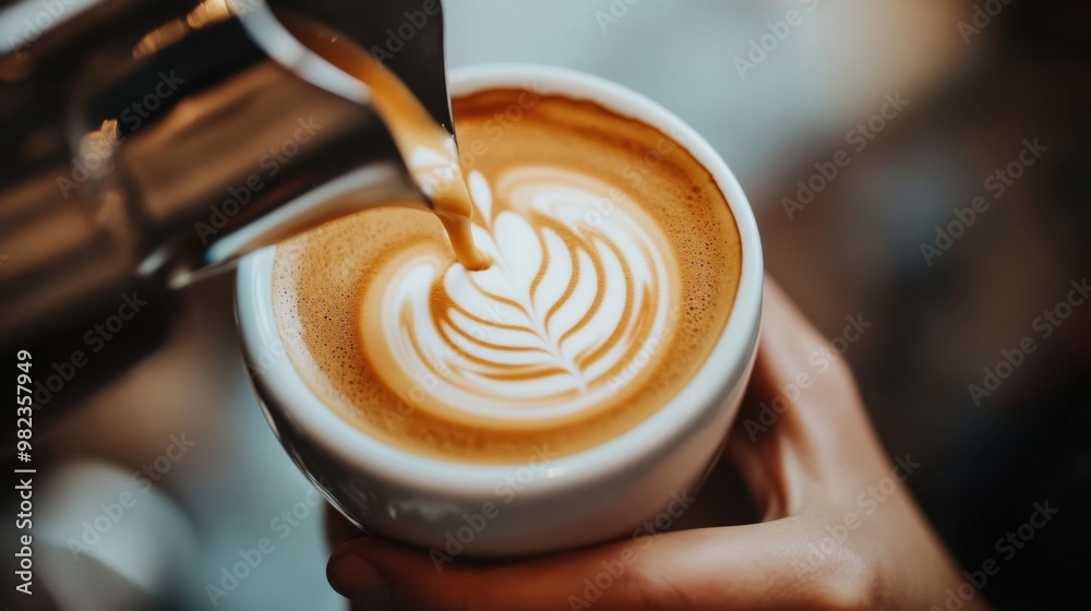 Close up of a barista making latte art, coffee preparation in a cafe. Close up of a barista making latte art, coffee preparation in a cafe.