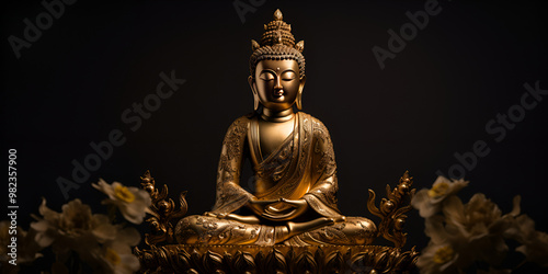 A golden Buddha statue sitting in meditation pose on a lotus base isolated against a dark background, Buddha statue meditating on black background Soft focus CloseupGenerative AI

 photo