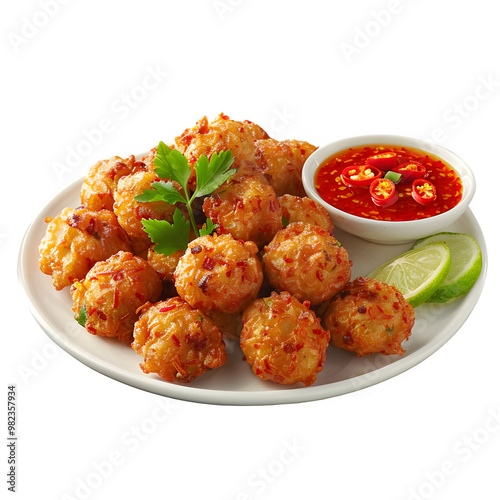 Yummy thai shrimp bites with a zesty dipping sauce and tangy lime slices, topped with parsley for a tasty starter or treat