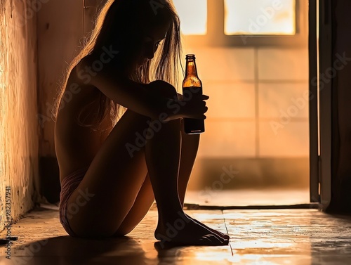 A teenage girl sitting alone in a dimly lit room, holding a bottle, with her face showing confusion and despair, symbolizing the early onset of alcohol addiction photo