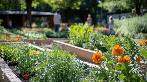 Fototapeta Naklejka Na Ścianę i Meble -  A community flower garden with raised beds full of vegetables and flowers, people tending to the plants in the background