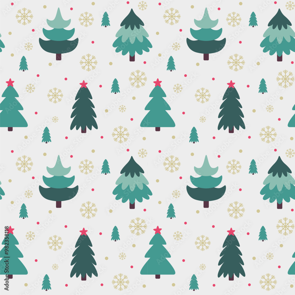 Christmas seamless pattern with Christmas trees, snowflakes on a light background. Design of textiles, scrapbooking, printing of cards and invitations. Simple vector illustration in flat style. Christmas seamless pattern with Christmas trees, snowflakes on a light background. Design of textiles, scrapbooking, printing of cards and invitations. Simple vector illustration in flat style.