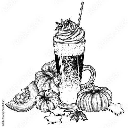 Vector illustration of pumpkin spice latte in engraving style