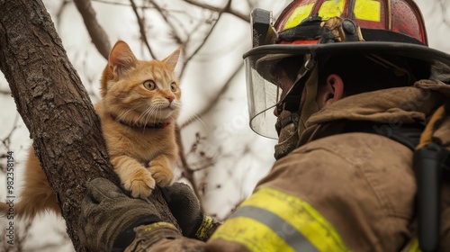 Firefighter Rescuing Cat Stuck in Tree photo