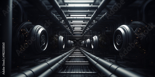 moving train in tunnel, Technological dark background for composition,, 
